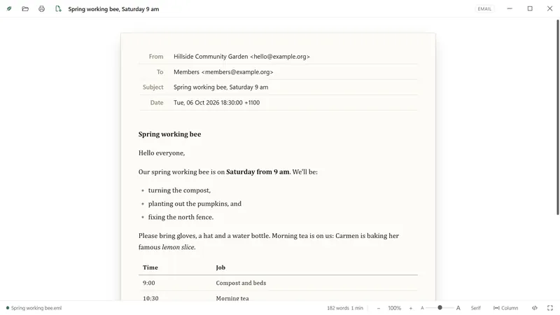 An email message with its table.