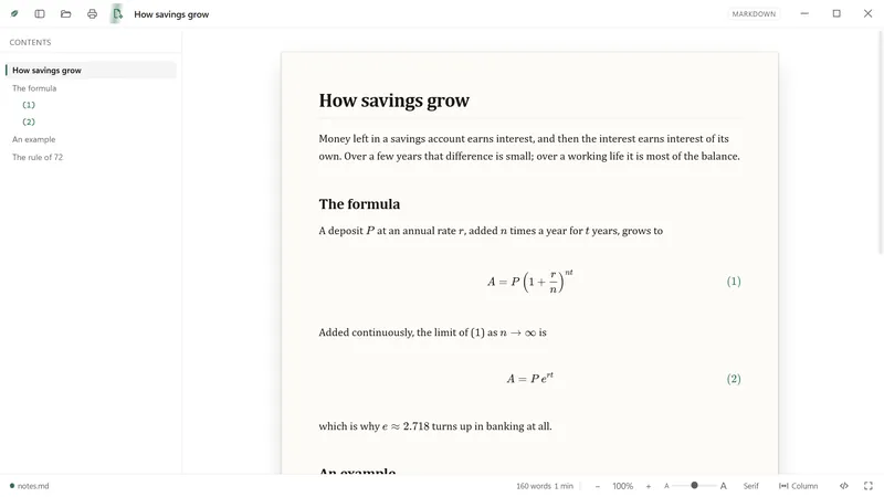 A Markdown note with typeset equations.