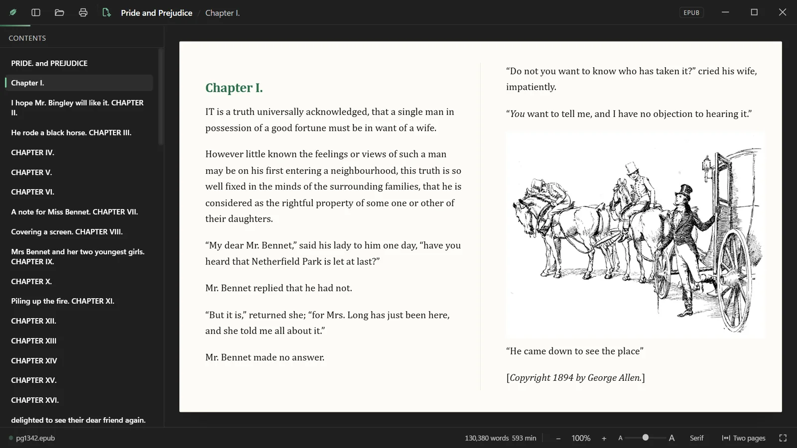 Pride and Prejudice open as a book, two pages side by side.