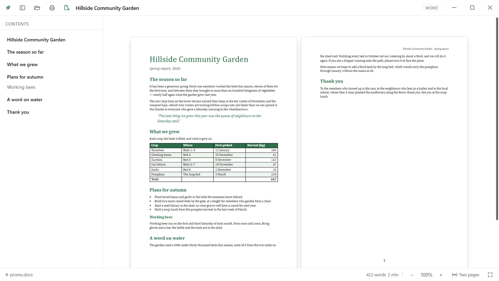 A Word report open in Leaf as two pages side by side, with its headings in the sidebar.